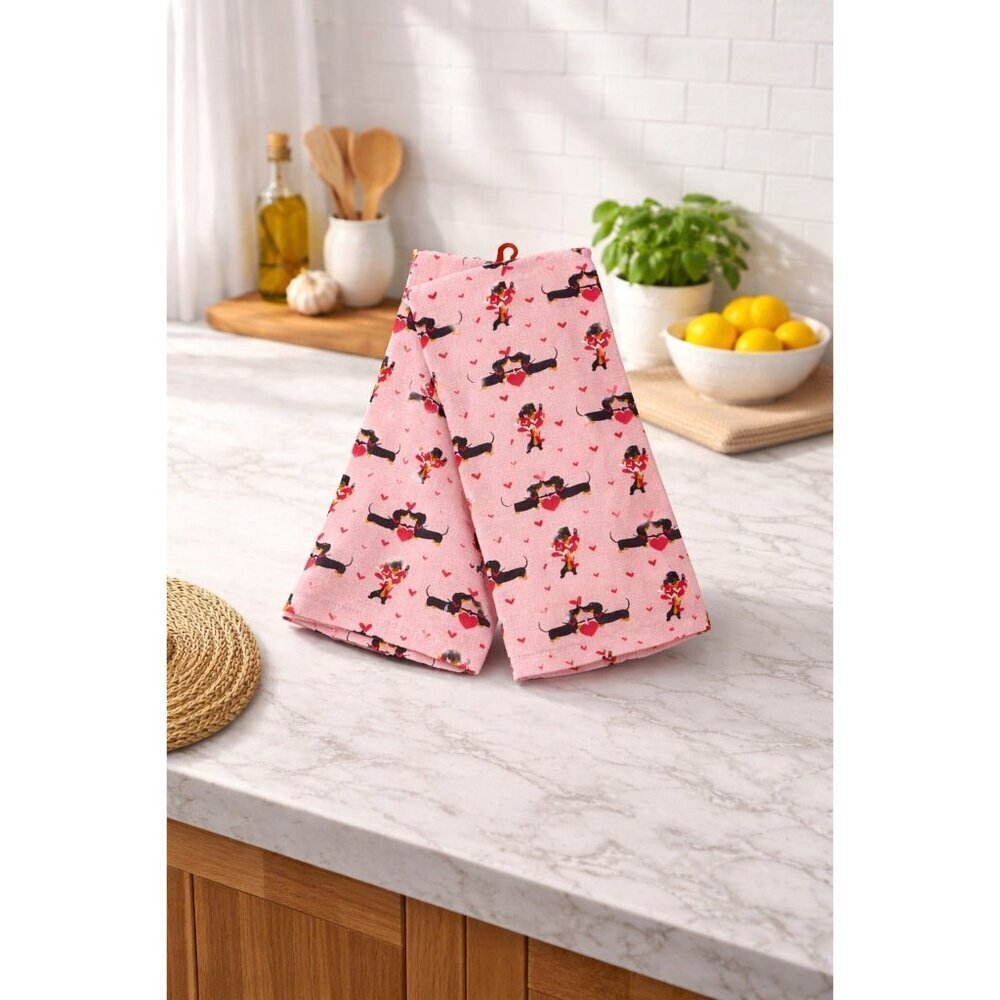 New Set 2 Valentines Day Love Pink Dog Dachshund Kissing Kitchen Towels